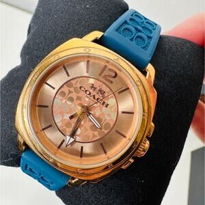 Coach Gold Mini Boyfriend Watch with Signature Blue Rubber Band